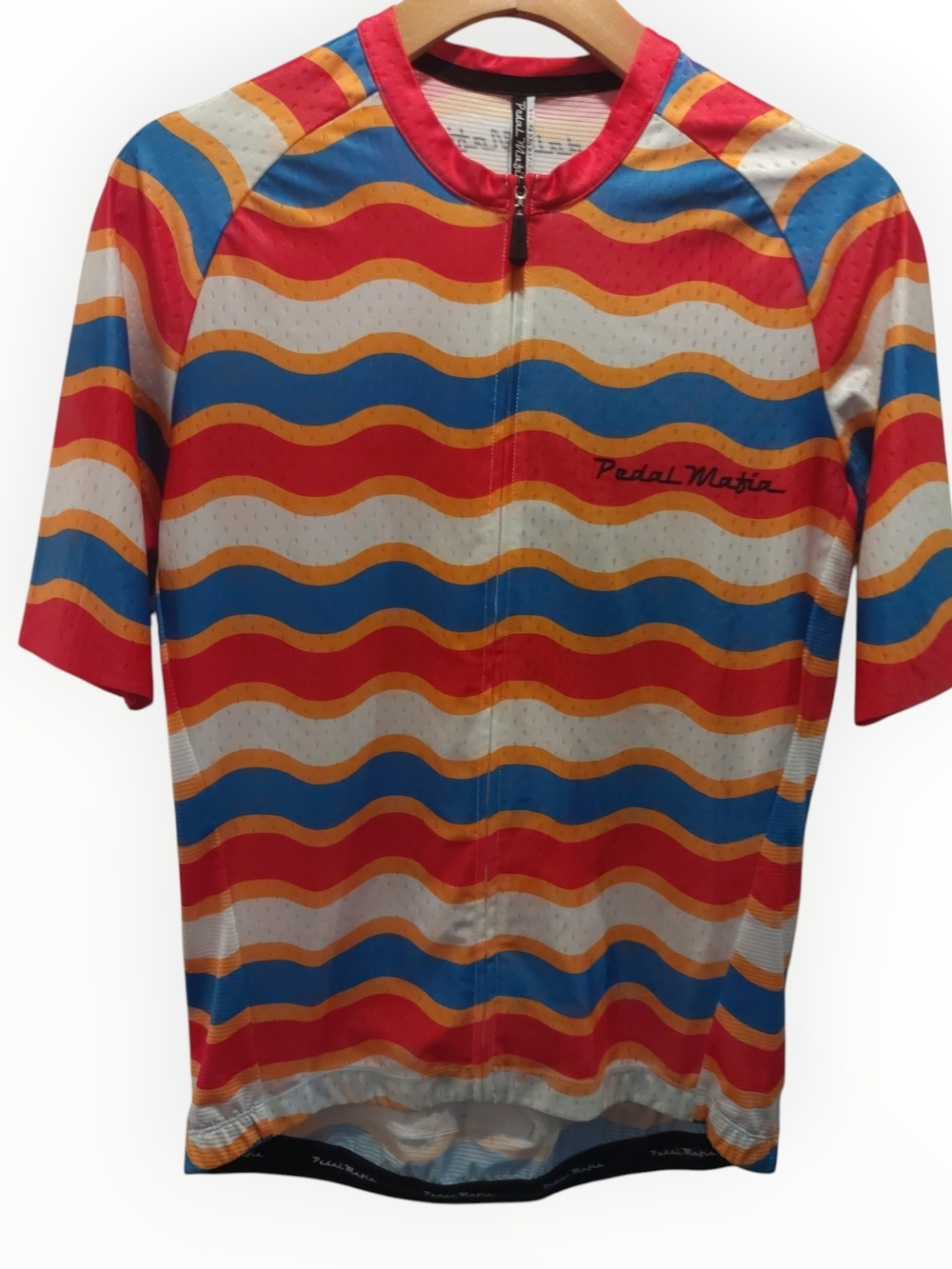Pedal Mafia Full Zip Striped Cycling Jersey w/ Pockets Mock Neck M